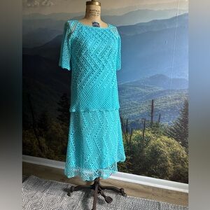 Vintage teal crochet 2 piece skirt and top